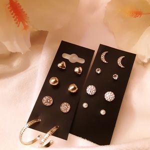 8PAIR STUDS PEARL GOLD HEART RHINESTONE MOON